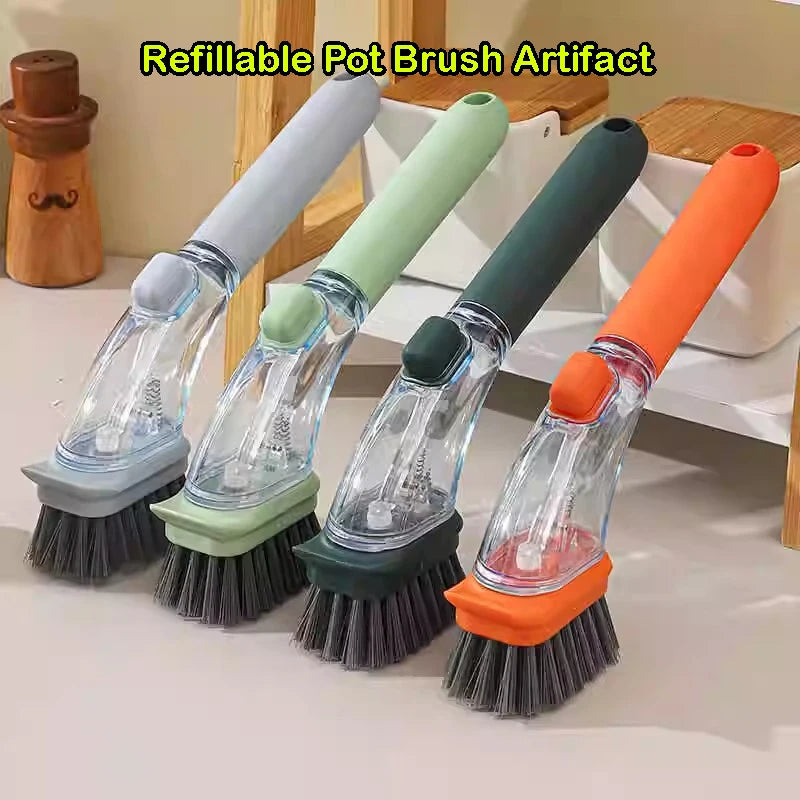 Refillable Liquid Cleaning Brush – Long Handle Kitchen Scrubber