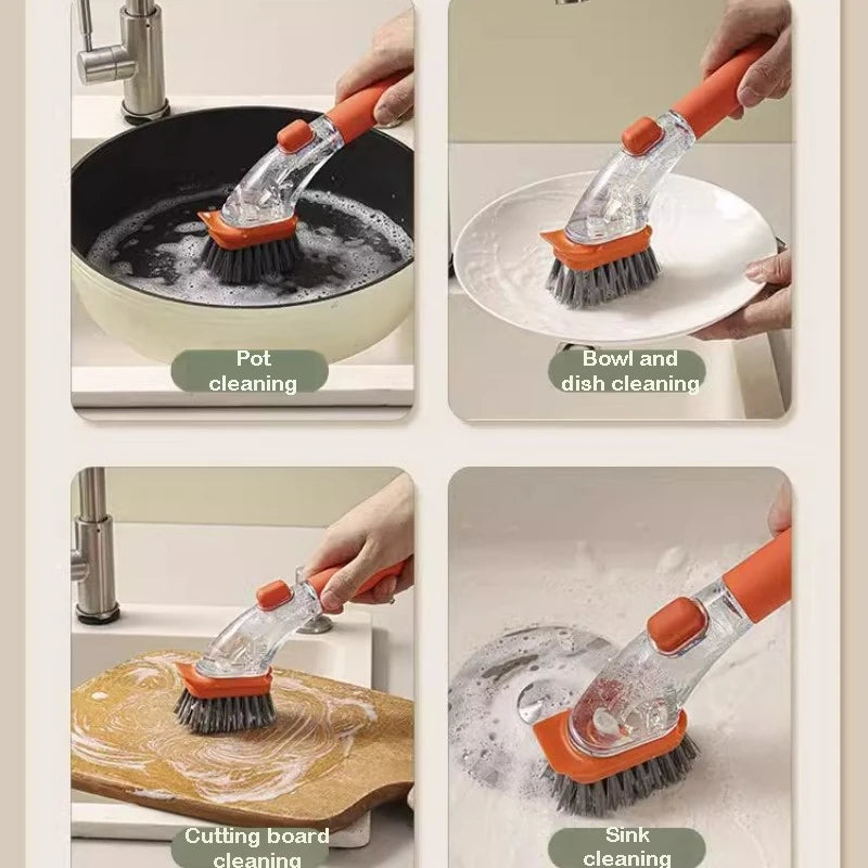 Refillable Liquid Cleaning Brush – Long Handle Kitchen Scrubber