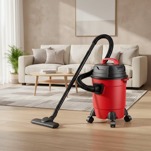 Red and black vacuum cleaner with measurement details on a white background