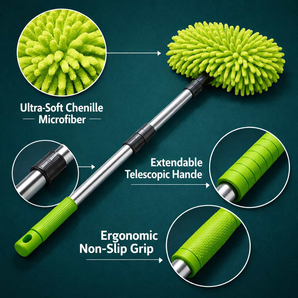 Chenille Car Washing Mop With Long Telescopic Handle & Removable Heads